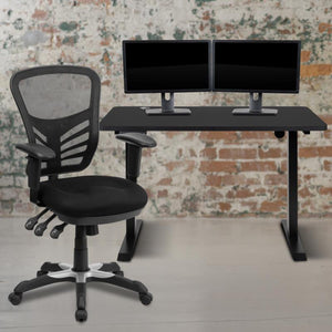 Flash Furniture 48" Wide Black Electric Height Adjustable Standing Desk with Black Mesh Multifunction Executive Swivel Ergonomic Office Chair