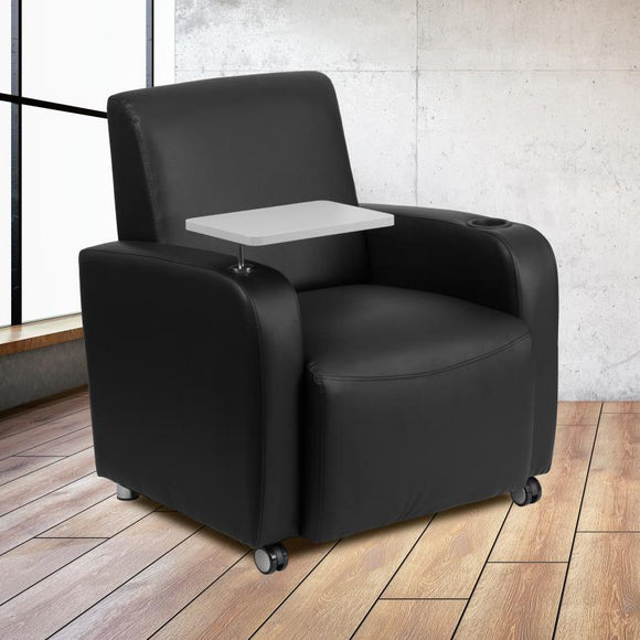 Flash Furniture Black LeatherSoft Guest Chair with Tablet Arm, Front Wheel Casters and Cup Holder