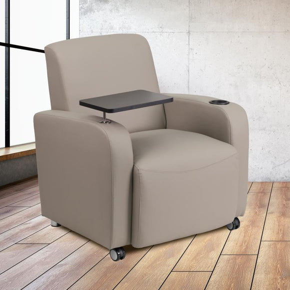 Flash Furniture Gray LeatherSoft Guest Chair with Tablet Arm, Front Wheel Casters and Cup Holder