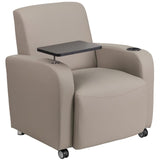 Flash Furniture Gray LeatherSoft Guest Chair with Tablet Arm, Front Wheel Casters and Cup Holder